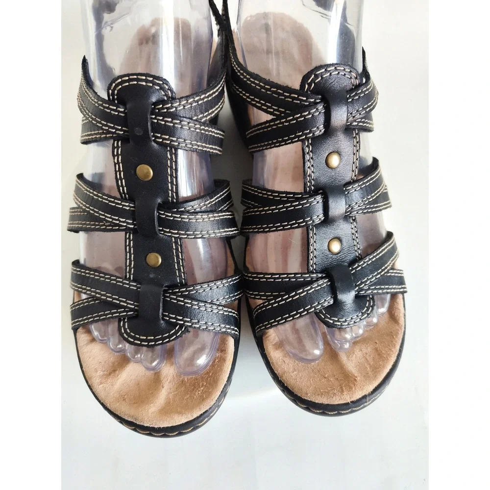 Clarks Sandals Size 8 Leather Comfort Delana Curve Strappy Black Contrast Stitch